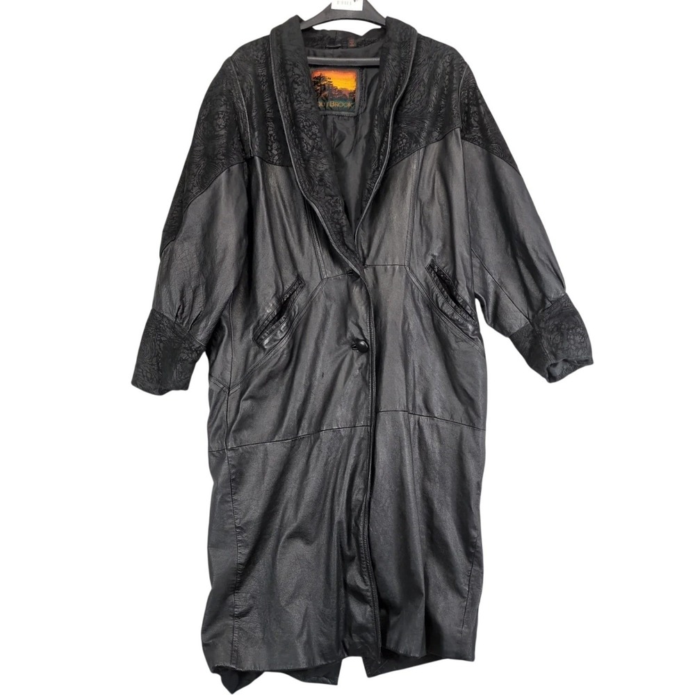 Vintage Outbrook Black Leather Overcoat Womens L Animal Print Long Coat Goth Y2K